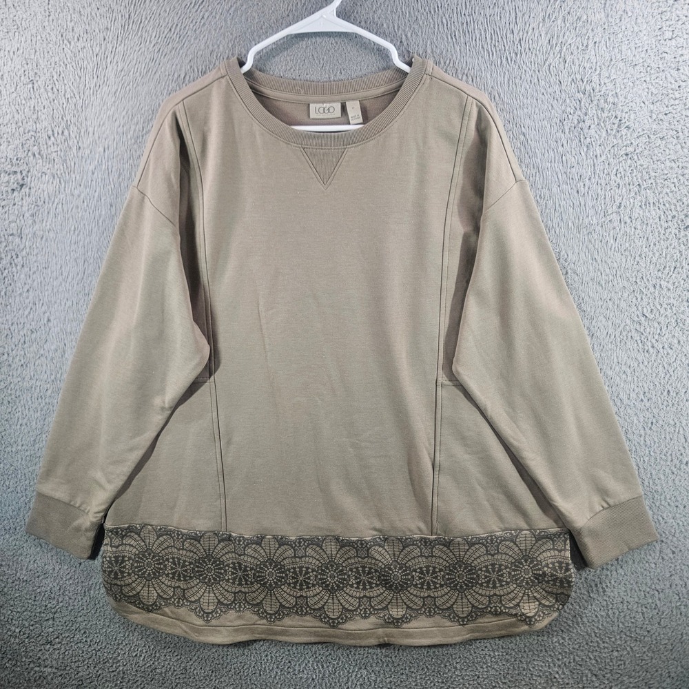LOGO Lori Goldstein Womens 1X Taupe Lace Hem Sweatshirt Pockets French Terry